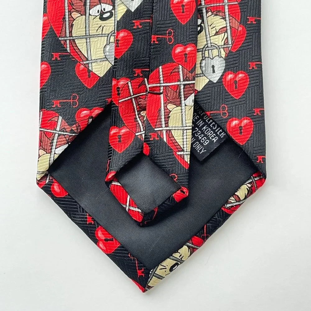 Vintage Looney Tunes Necktie Black Tasmanian Devil Love Heart Polyester Mens Tie